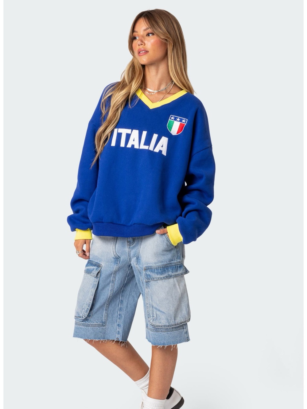 Edikted Italy Oversized Sweatshirt in Blue and Yellow Size Small